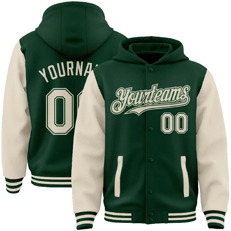 Fashion-Forward Unisex Apparel Sale Event, Prices Rock Custom Green Cream Bomber Full-Snap Varsity Letterman Two Tone Hoodie Jacket