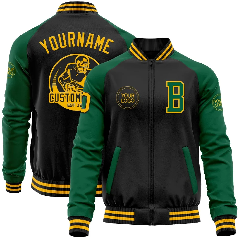 Oversized Unisex Fashion Pieces Swimwear Summer Blowout Custom Black Gold-Kelly Green Bomber Varsity Letterman Two Tone Zipper Jacket