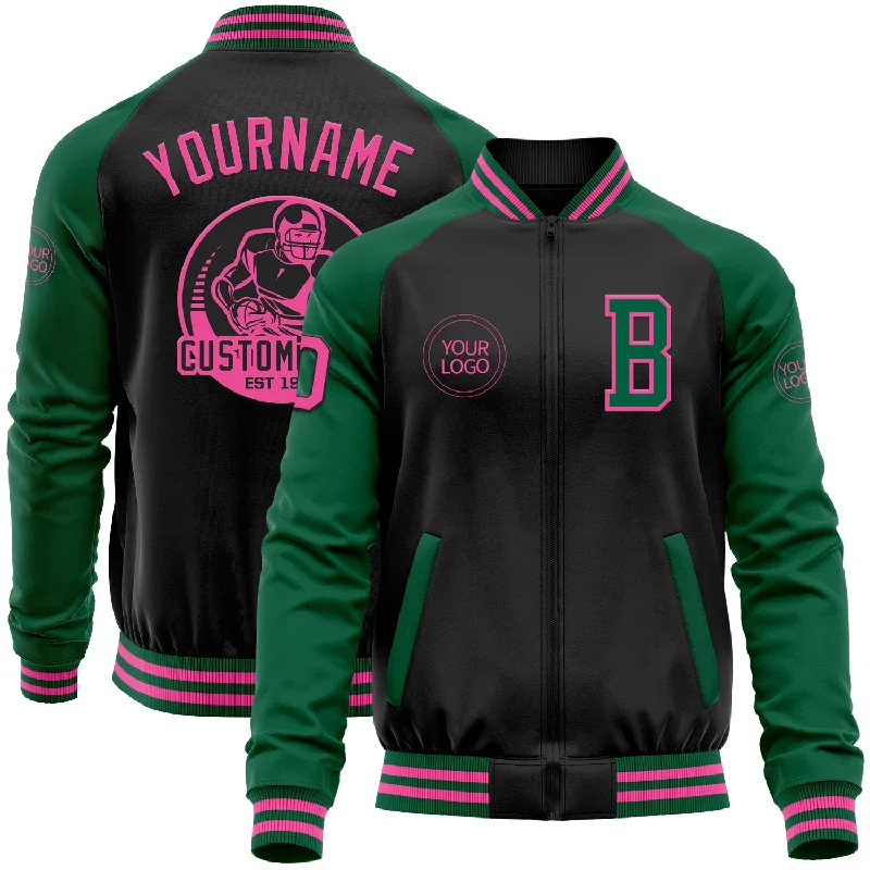 Functional And Stylish Unisex Wear Limited Time Special Offer Custom Black Pink-Kelly Green Bomber Varsity Letterman Two Tone Zipper Jacket