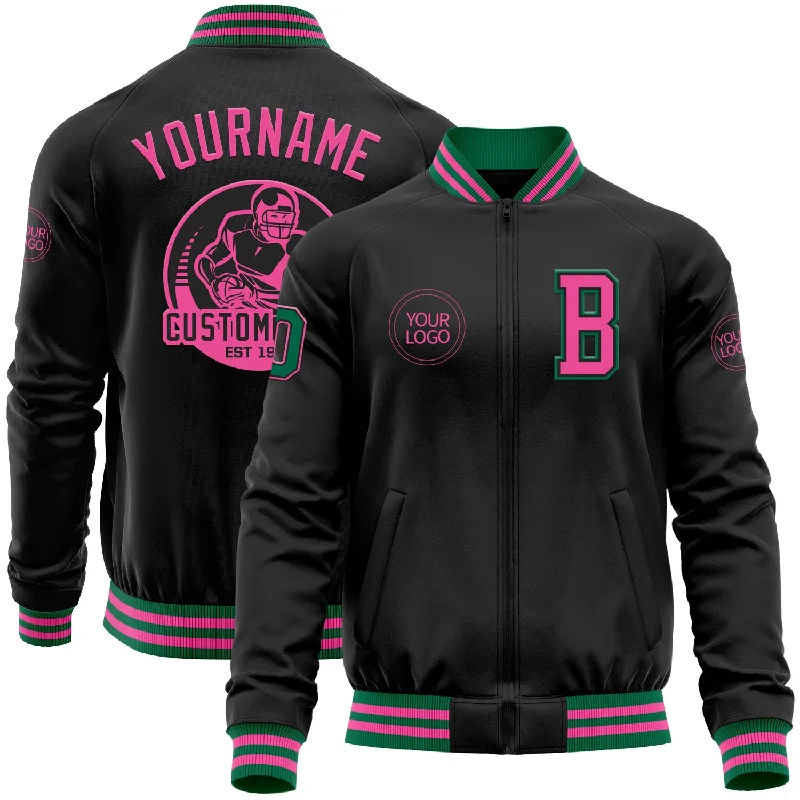 Versatile Clothing For All Genders Chic Style, Always In Vogue Custom Black Pink-Kelly Green Bomber Varsity Letterman Zipper Jacket