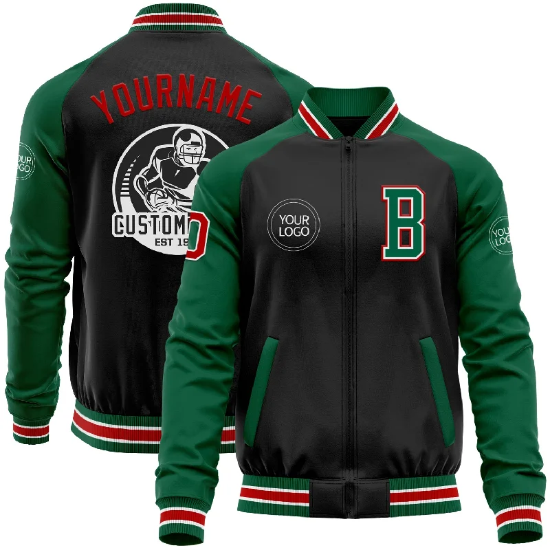 Fashion-Forward Gender-Neutral Outerwear Shop Sale Items Custom Black Red-Kelly Green Bomber Varsity Letterman Two Tone Zipper Jacket