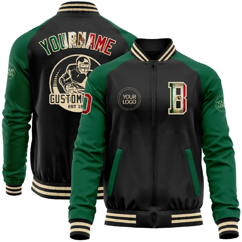 Gender-Neutral Trendy Clothing Styles Limited Time Offers Custom Black Vintage Mexican Flag Kelly Green-Cream Bomber Varsity Letterman Two Tone Zipper Jacket