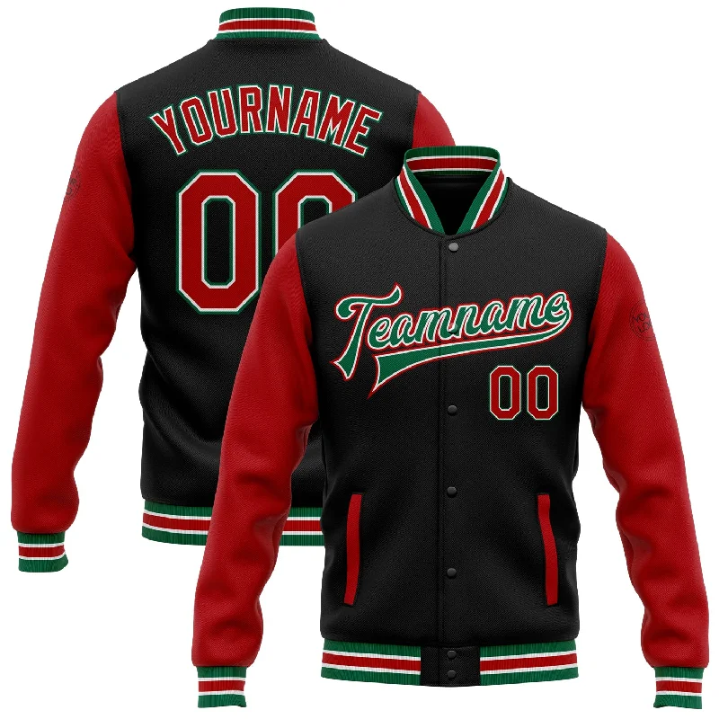 Unisex Casual Wear For All Seasons Unleash Your Trend Driven Style Custom Black Red-Kelly Green Bomber Full-Snap Varsity Letterman Two Tone Jacket