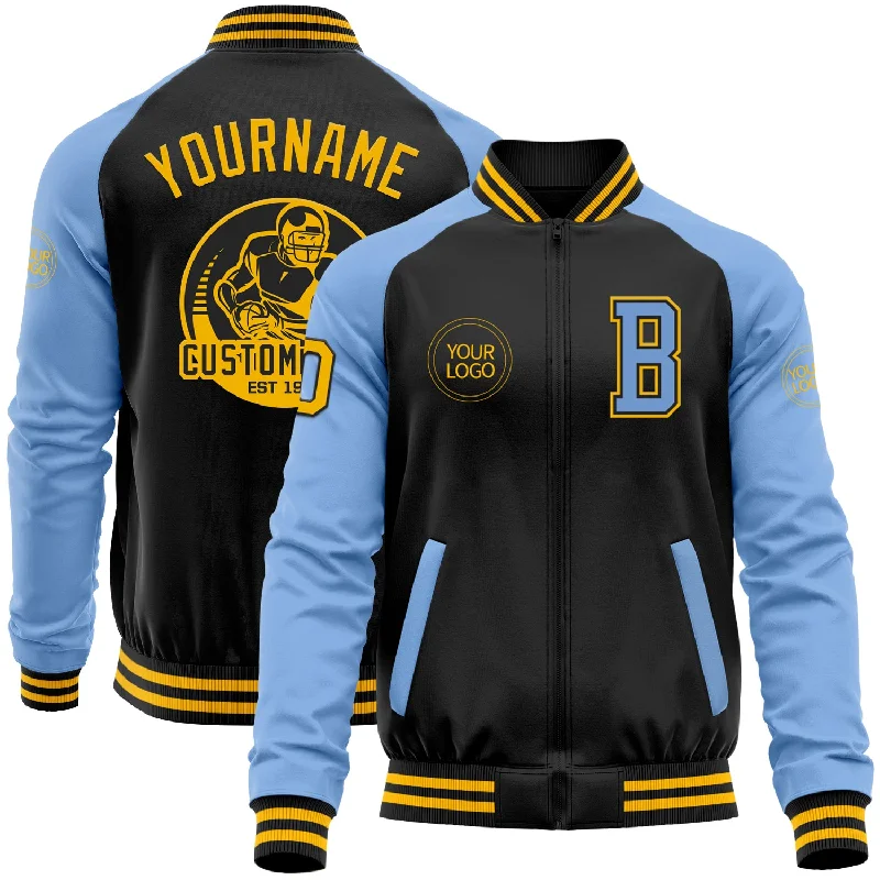 Gender-Neutral Trendy Clothing Styles Trendy Women'S Wear Collection Custom Black Gold-Light Blue Bomber Varsity Letterman Two Tone Zipper Jacket