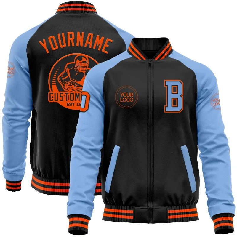 High-Quality Unisex Basics For Everyday Wear Fashion Forward Femininity Custom Black Orange-Light Blue Bomber Varsity Letterman Two Tone Zipper Jacket