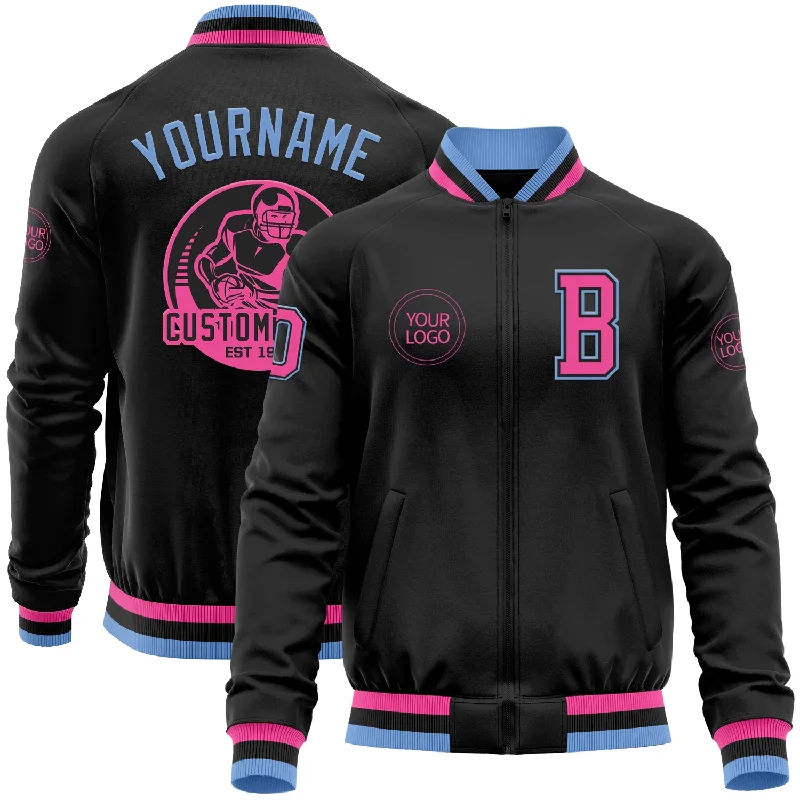 Casual Yet Sophisticated Unisex Fashion New Styles Just In Custom Black Pink-Light Blue Bomber Varsity Letterman Zipper Jacket