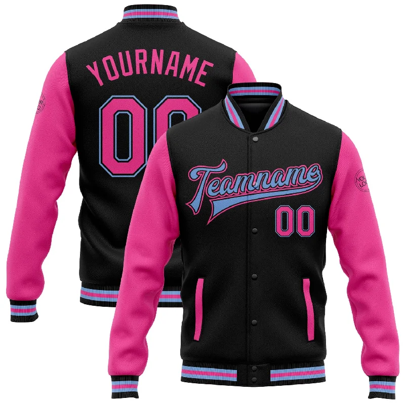 Relaxed-Fit Unisex Fashion For All-Day Comfort Fashion Forward, Function First Custom Black Pink-Light Blue Bomber Full-Snap Varsity Letterman Two Tone Jacket