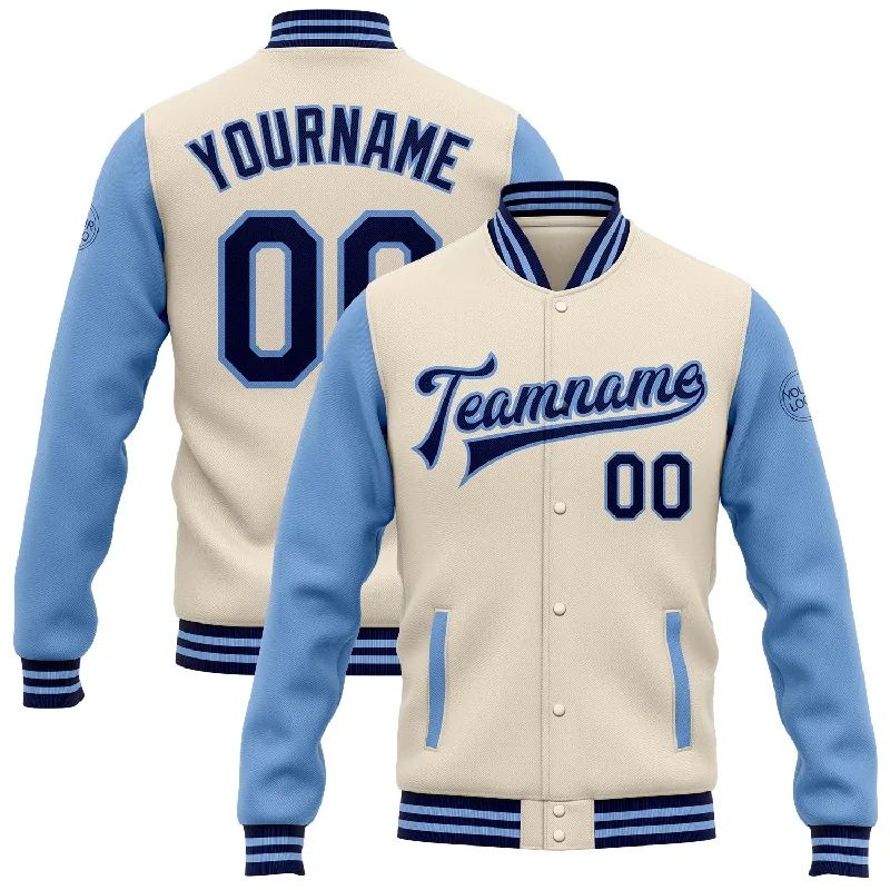 Unisex Casual Wear For All Seasons Latest Trends Custom Cream Navy-Light Blue Bomber Full-Snap Varsity Letterman Two Tone Jacket