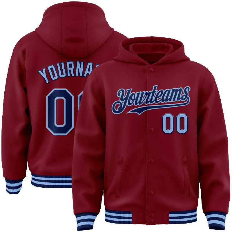 All-Season Unisex Clothing Collection Romantic Fashion Discounts Custom Crimson Navy-Light Blue Bomber Full-Snap Varsity Letterman Hoodie Jacket