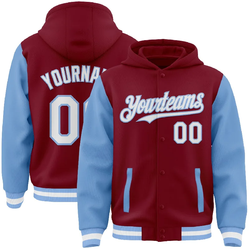 Fashion-Forward Gender-Neutral Outerwear Special Offers, Don't Miss Custom Crimson White-Light Blue Bomber Full-Snap Varsity Letterman Two Tone Hoodie Jacket