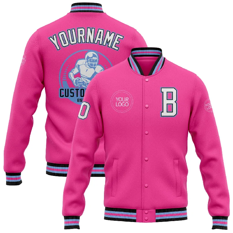 Trendy Unisex Classy Style Discounts Custom Pink White Light Blue-Black Bomber Full-Snap Varsity Letterman Jacket