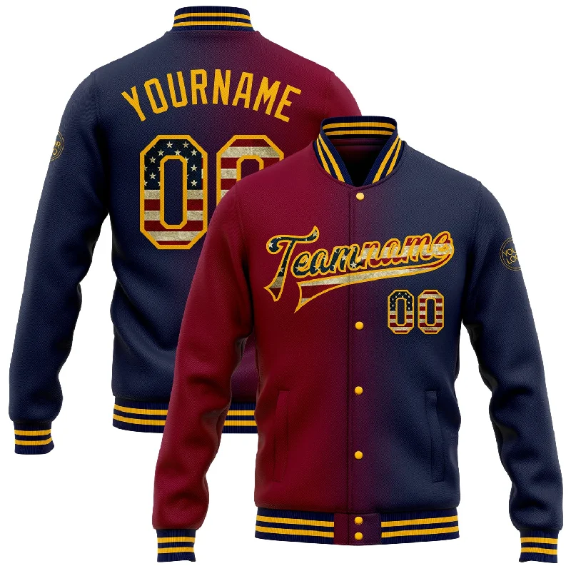 High-Quality Unisex Basics For All Occasions Vintage-Modern Style Offers Custom Navy Vintage USA Flag Maroon-Gold Bomber Full-Snap Varsity Letterman Gradient Fashion Jacket