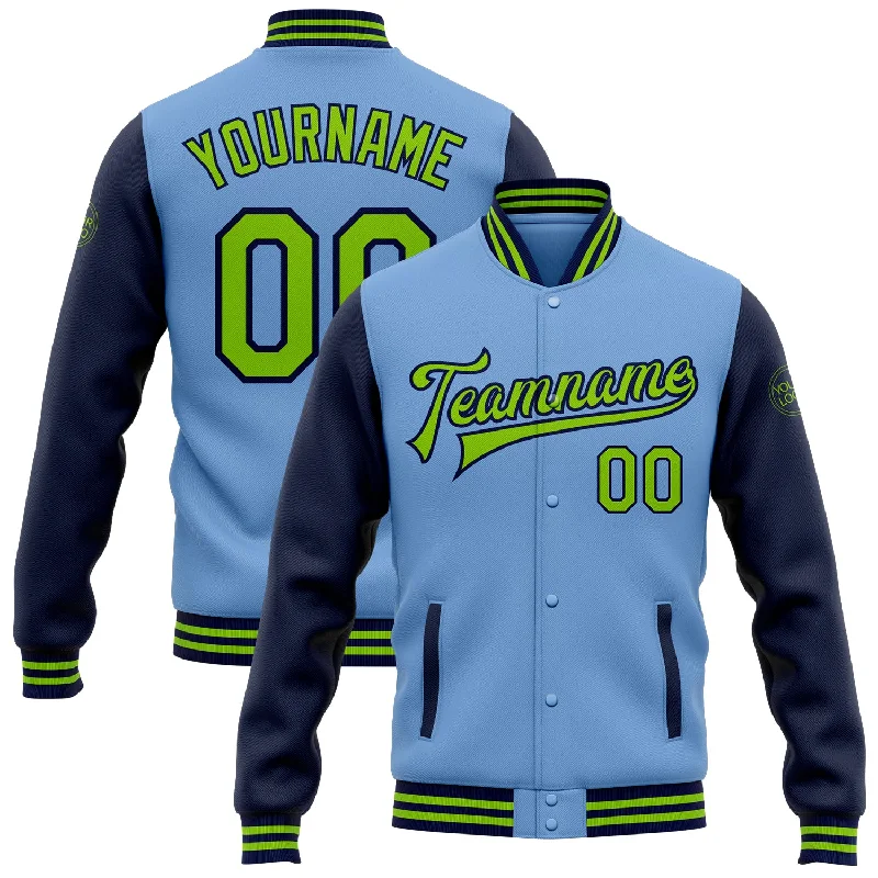 Modern Unisex Clothing For Any Occasion Fashion Sale Custom Light Blue Neon Green-Navy Bomber Full-Snap Varsity Letterman Two Tone Jacket