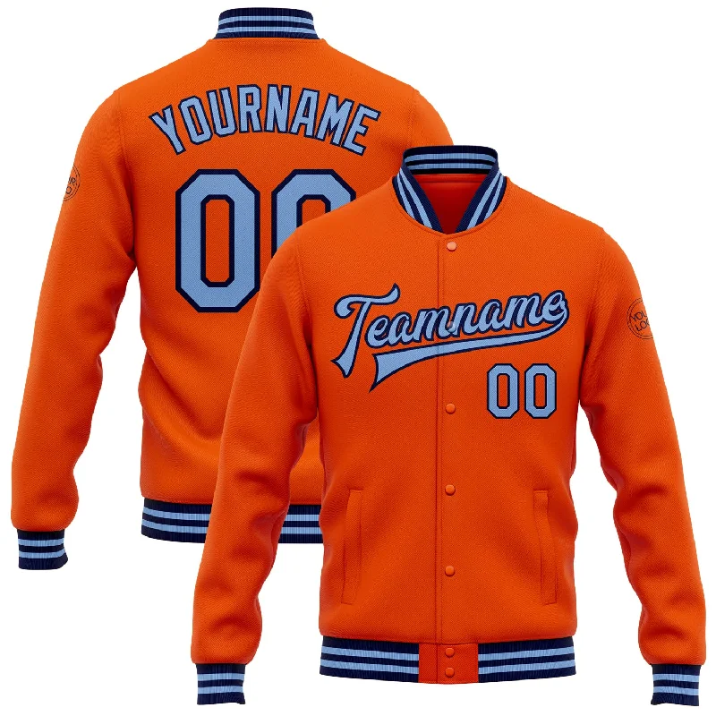 Unisex Casual Wear For All Seasons Limited Time Special Offer Custom Orange Light Blue-Navy Bomber Full-Snap Varsity Letterman Jacket