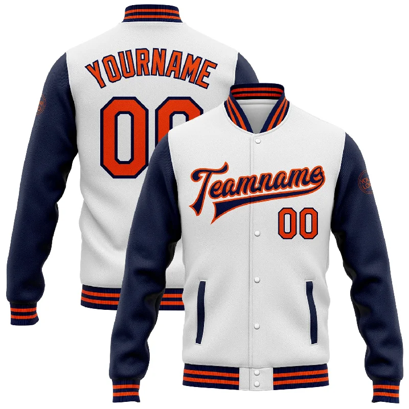 Relaxed-Fit Unisex Fashion For All-Day Comfort Ends Soon Custom White Orange-Navy Bomber Full-Snap Varsity Letterman Two Tone Jacket