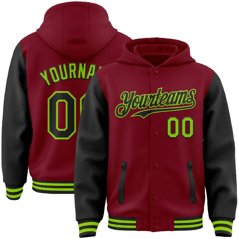 Unisex Casual Fashion Trends Winter Warehouse Sale Custom Crimson Black-Neon Green Bomber Full-Snap Varsity Letterman Two Tone Hoodie Jacket