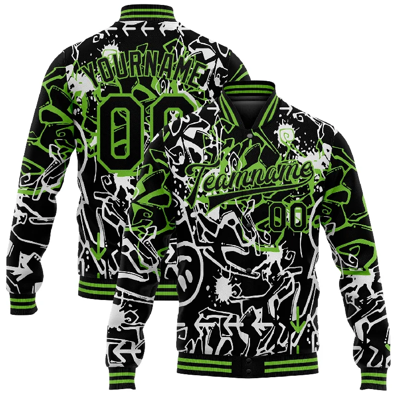 Sleek And Stylish Unisex Outerwear Timeless Style Promotions Custom Graffiti Pattern Black-Neon Green Abstract Grunge Art 3D Bomber Full-Snap Varsity Letterman Jacket