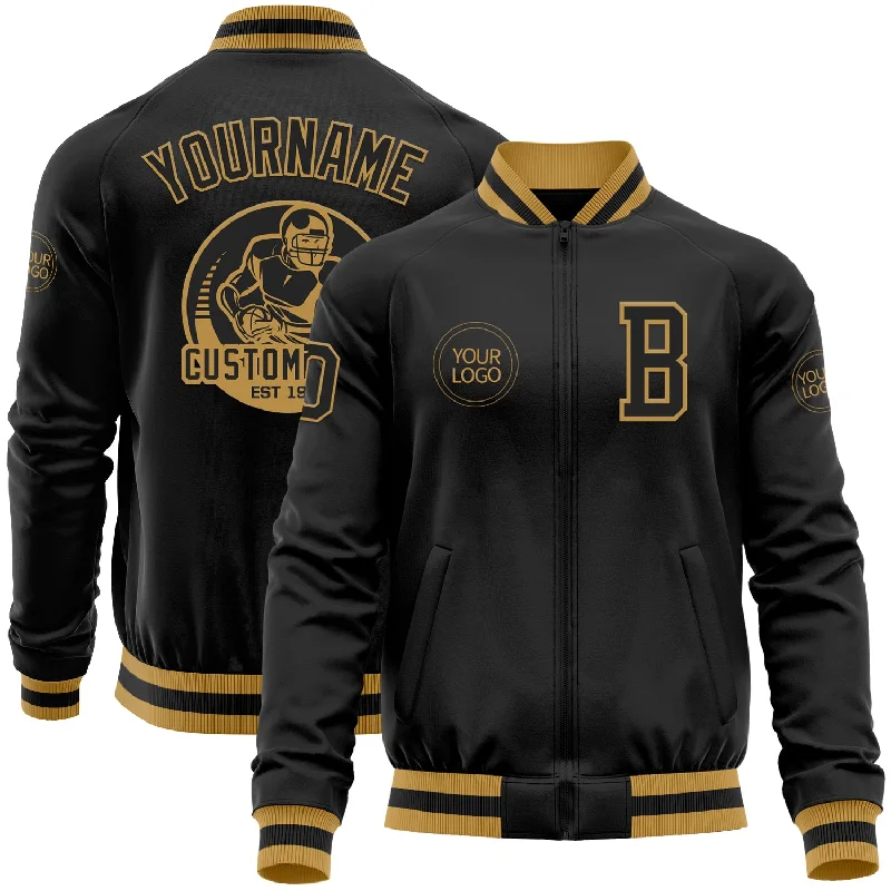 Casual Yet Sophisticated Unisex Fashion Classic Modern Offers Custom Black Old Gold Bomber Varsity Letterman Zipper Jacket