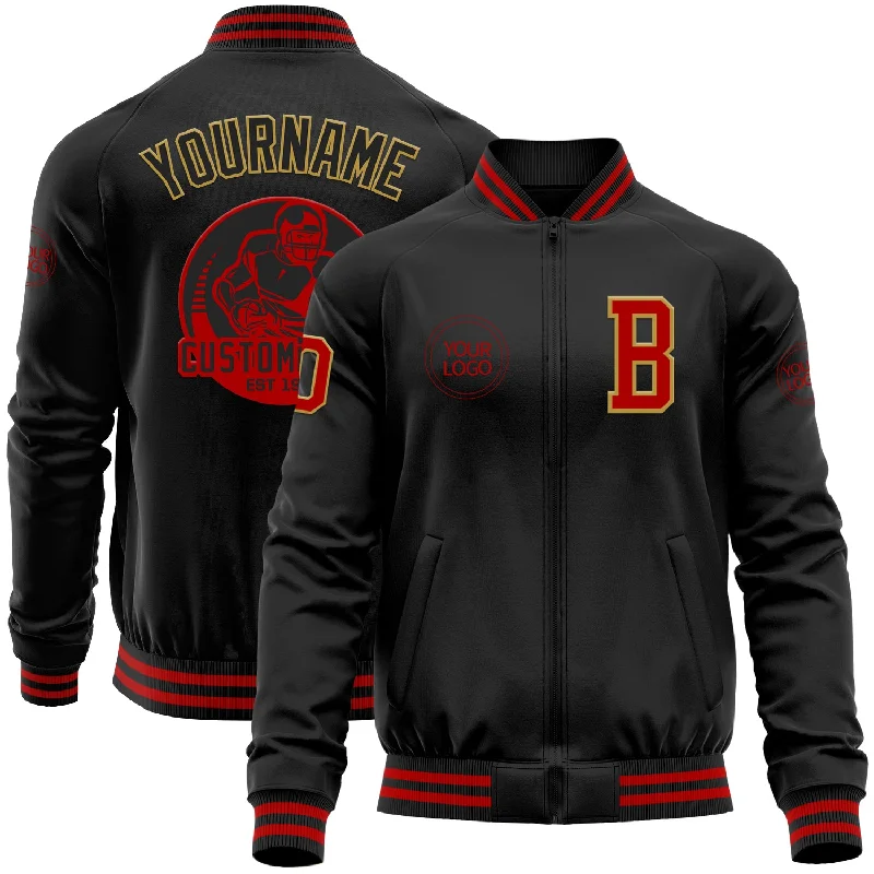 Fashion-Forward Unisex Apparel Sleek Style Discounts Custom Black Red-Old Gold Bomber Varsity Letterman Zipper Jacket