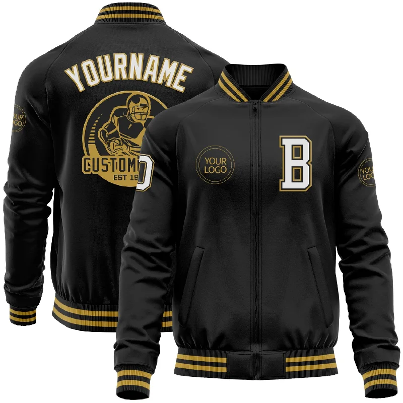 Fashion-Forward Gender-Neutral Outerwear Elevated Casual Discounts Custom Black White-Old Gold Bomber Varsity Letterman Zipper Jacket