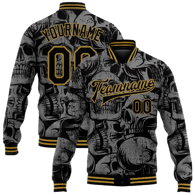 Stylish Unisex Outfit Ideas Save Big Custom Black Old Gold Skull Fashion 3D Bomber Full-Snap Varsity Letterman Jacket