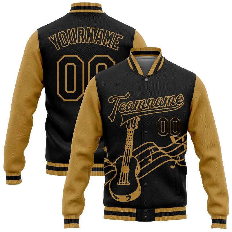 Urban Unisex Fashion Outfits Modish Fashion Discounts Custom Black Old Gold Guitar Music Festival 3D Pattern Design Bomber Full-Snap Varsity Letterman Jacket