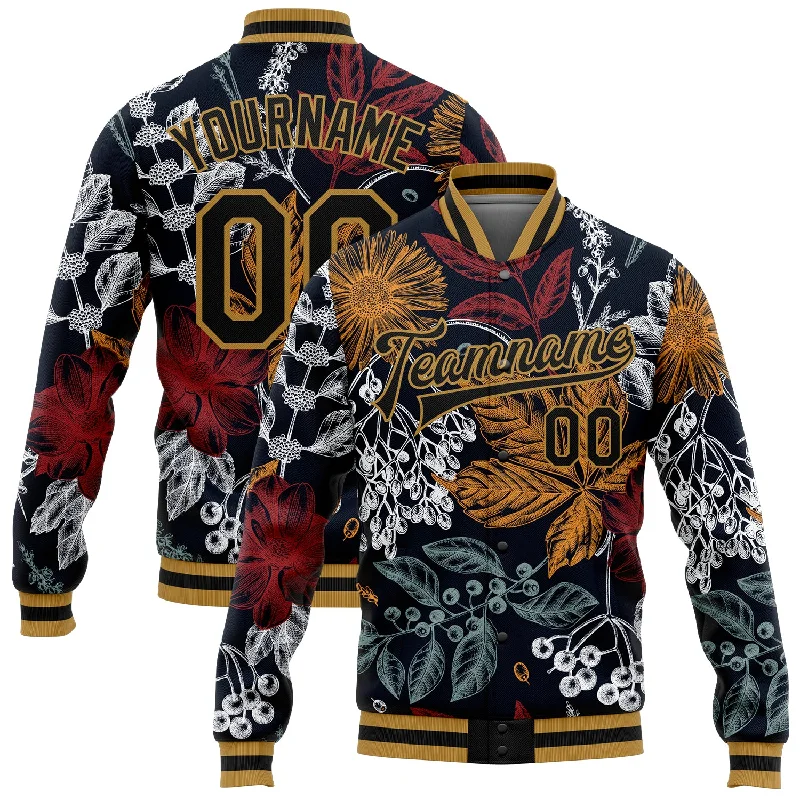 Everyday Wear For Men And Women Street Style Discounts Custom Black Old Gold Flowers And Branches 3D Pattern Design Bomber Full-Snap Varsity Letterman Jacket