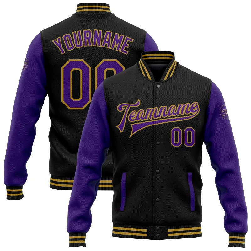 Sleek And Stylish Unisex Outerwear Daily Deals Custom Black Purple-Old Gold Bomber Full-Snap Varsity Letterman Two Tone Jacket