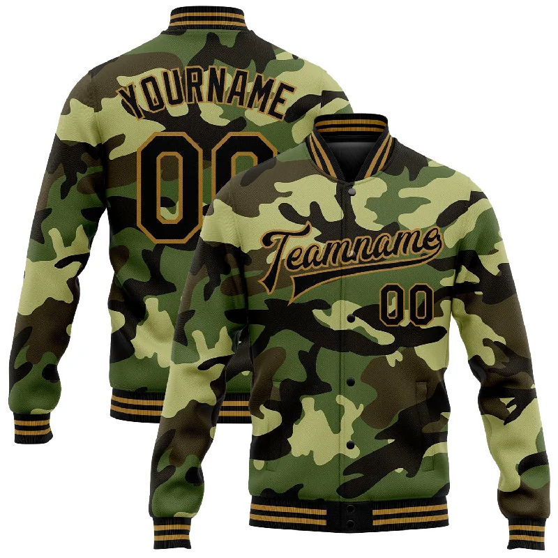 Lightweight And Breathable Unisex Wear Everyday Elegance Sale Custom Camo Black-Old Gold Jungle Camouflage 3D Bomber Full-Snap Varsity Letterman Salute To Service Jacket