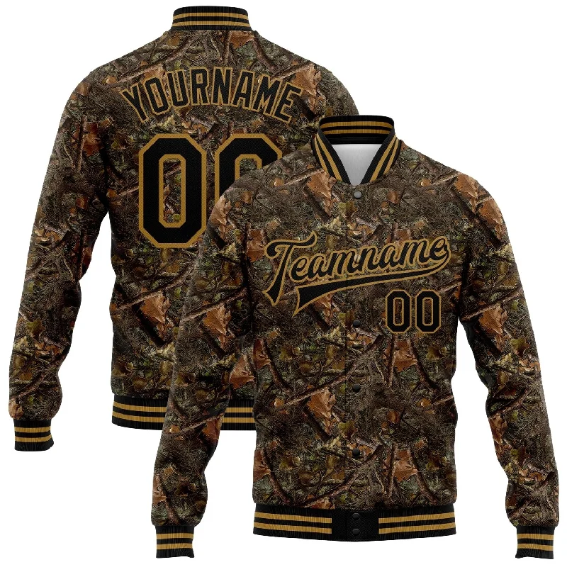 Minimalist Unisex Fashion Must-Haves Minimalist Fashion Sale Custom Camo Black-Old Gold Realistic Forest Camouflage 3D Bomber Full-Snap Varsity Letterman Salute To Service Jacket