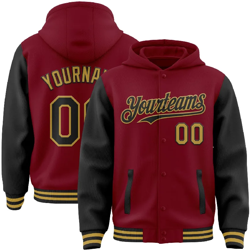 Modern Unisex Wardrobe Staples The Latest Fashion Trends Custom Crimson Black-Old Gold Bomber Full-Snap Varsity Letterman Two Tone Hoodie Jacket