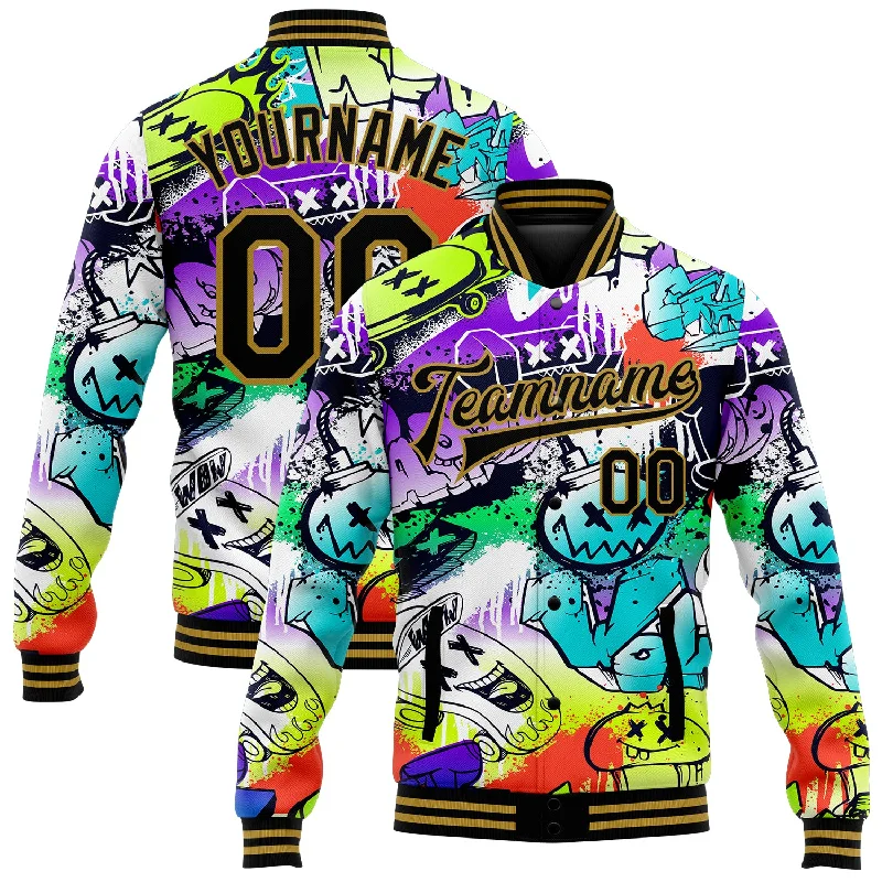 Sustainable Gender-Neutral Apparel Premium Style Custom Graffiti Pattern Black-Old Gold Grunge Urban Street Art 3D Bomber Full-Snap Varsity Letterman Jacket