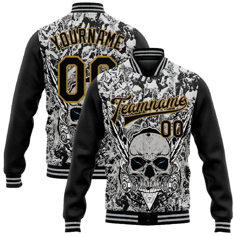 Urban-Inspired Unisex Fashion Pieces Big Savings Custom Gray Black-Old Gold Skull With Feather 3D Bomber Full-Snap Varsity Letterman Two Tone Jacket