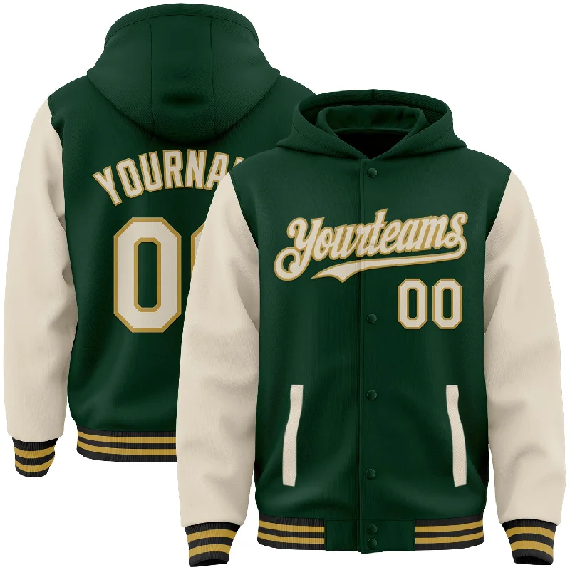 Contemporary Gender-Free Clothing Styles Clearance Sale, All Cheap Custom Green Cream Old Gold-Black Bomber Full-Snap Varsity Letterman Two Tone Hoodie Jacket