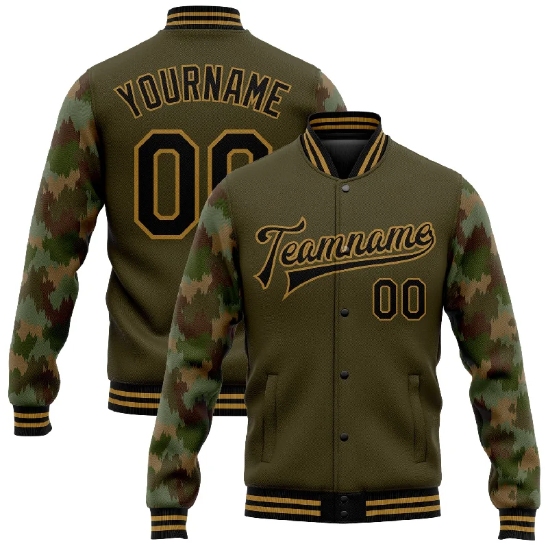 Modern Unisex Clothing For Any Occasion Insane Discount Onslaught Custom Olive Black-Old Gold Camo Sleeves 3D Pattern Design Bomber Full-Snap Varsity Letterman Salute To Service Jacket