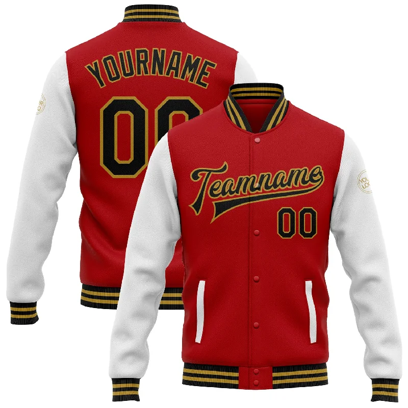 Sustainable And Ethical Unisex Clothing Glamorous Fashion Offers Custom Red Black-Old Gold Bomber Full-Snap Varsity Letterman Two Tone Jacket