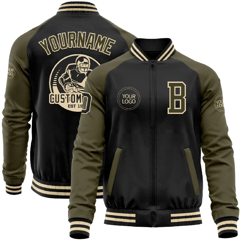 Fashion-Forward Gender-Neutral Outfit Ideas Best Sellers Custom Black Olive-Cream Bomber Varsity Letterman Two Tone Zipper Jacket