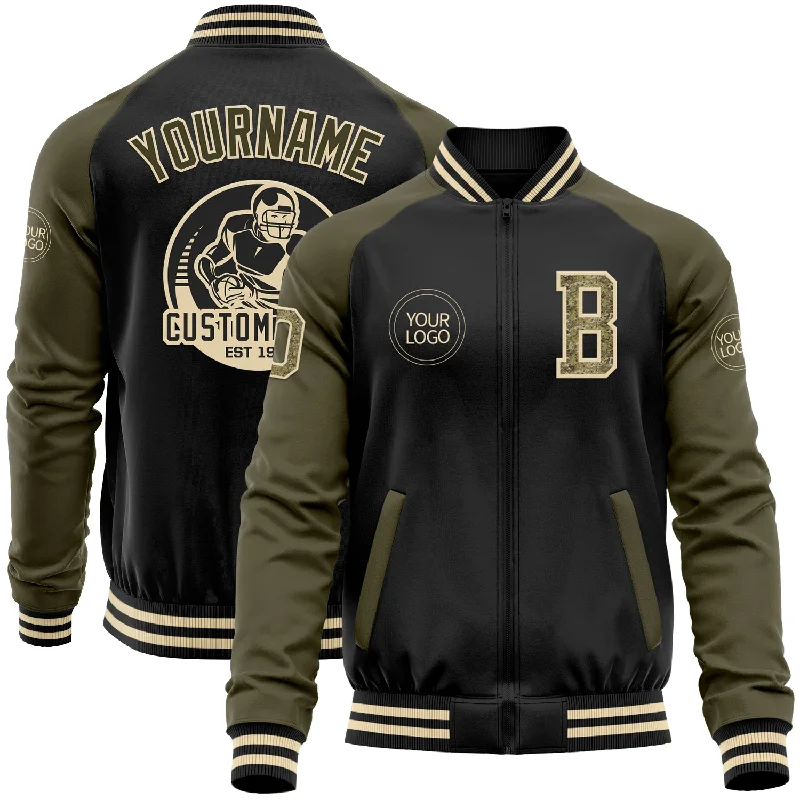 Comfortable And Stylish Unisex Outfits Special Offers Custom Black Camo Olive-Cream Bomber Varsity Letterman Two Tone Zipper Jacket