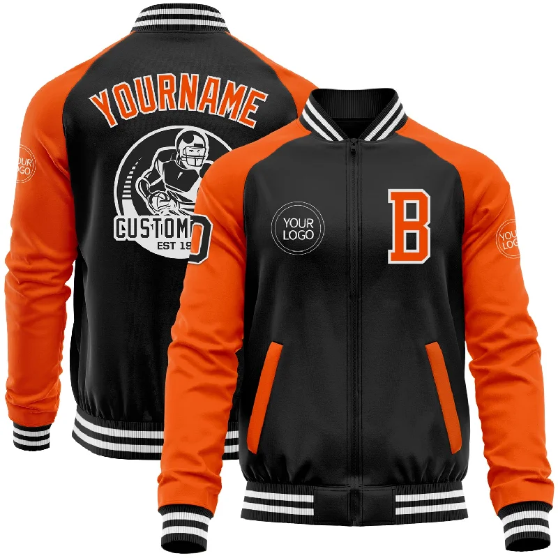 Urban Unisex Fashion Outfits Forward Trendsetter Custom Black Orange-White Bomber Varsity Letterman Two Tone Zipper Jacket