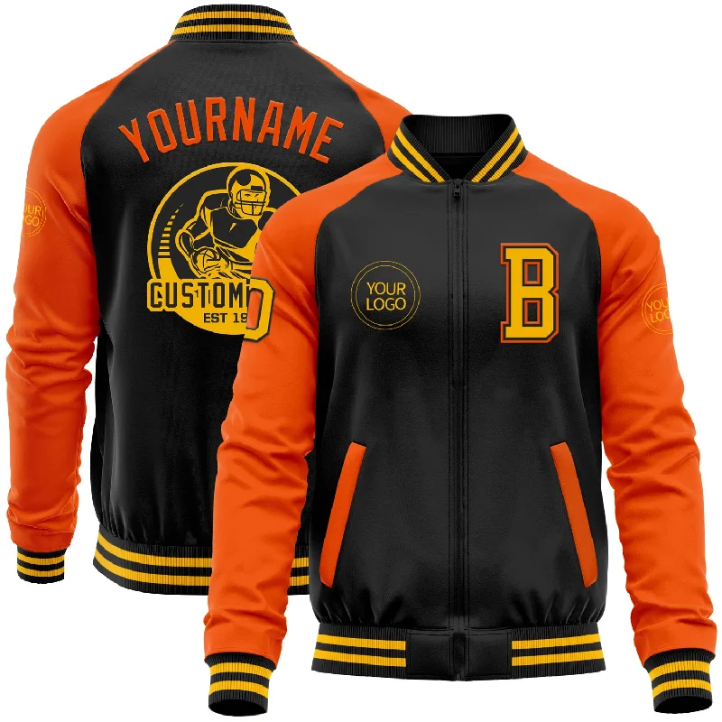 All-Season Unisex Clothing Collection Comfortable Chic Custom Black Gold-Orange Bomber Varsity Letterman Two Tone Zipper Jacket