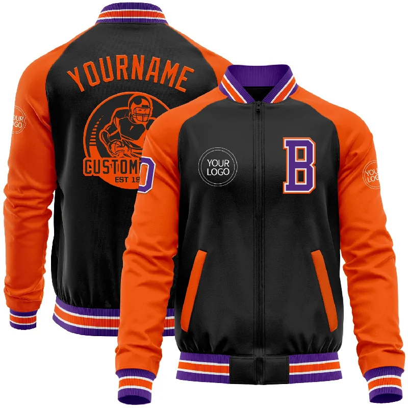 Breathable And Lightweight Unisex Wear Must Haves Custom Black Purple-Orange Bomber Varsity Letterman Two Tone Zipper Jacket