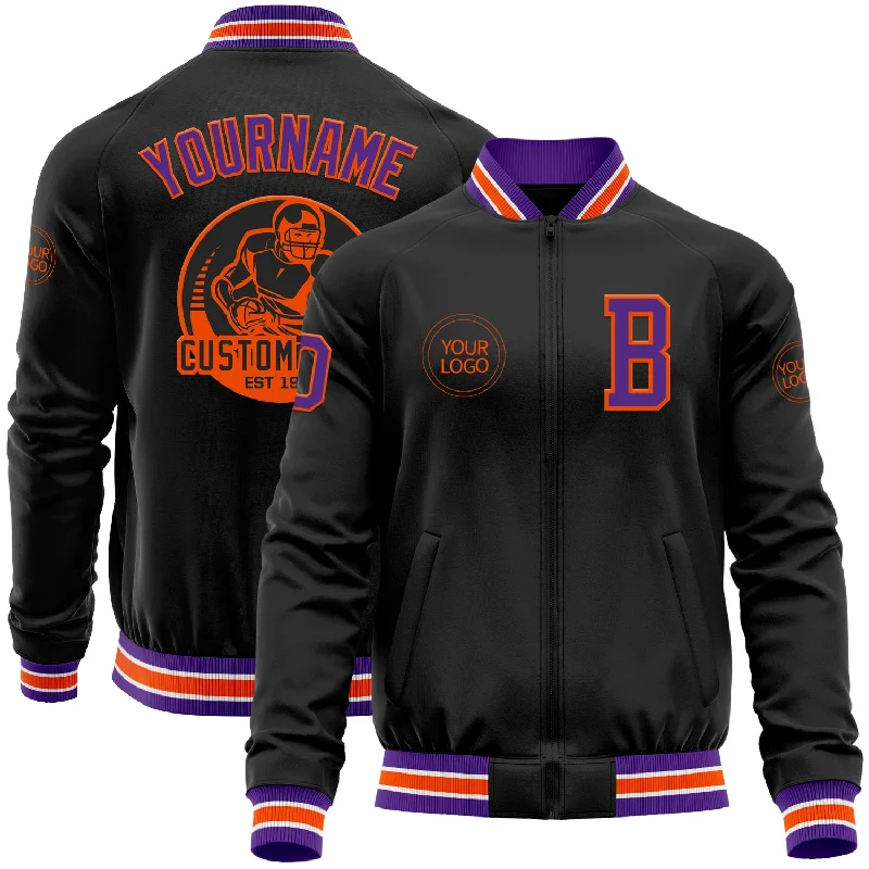 Classic Unisex Fashion Looks Flash Sale Now Custom Black Purple-Orange Bomber Varsity Letterman Zipper Jacket