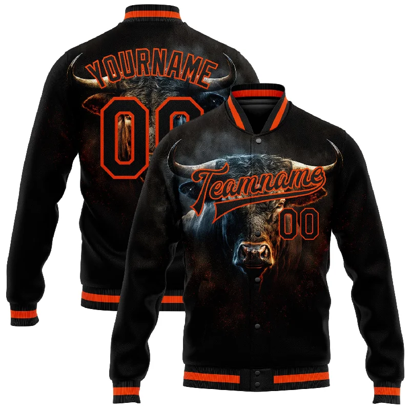 Functional And Stylish Unisex Outerwear Daring Fashion Promotions Custom Black Orange Angry Violent Bulls Face 3D Pattern Design Bomber Full-Snap Varsity Letterman Jacket