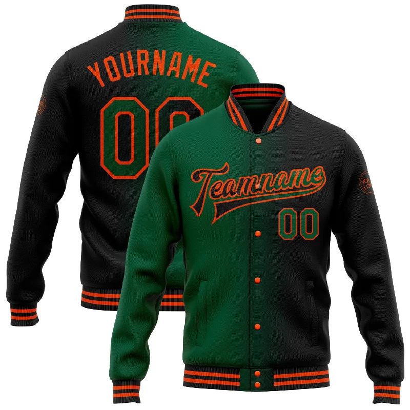 High-Quality Unisex Fashion Basics Shop Sale Items Custom Black Kelly Green-Orange Bomber Full-Snap Varsity Letterman Gradient Fashion Jacket