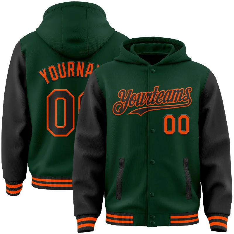 Elegant And Minimal Gender-Free Clothing Exclusive Discounts Custom Green Black-Orange Bomber Full-Snap Varsity Letterman Two Tone Hoodie Jacket