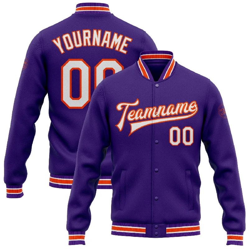 Relaxed-Fit Unisex Fashion For All-Day Comfort Trendy Threads Custom Purple White-Orange Bomber Full-Snap Varsity Letterman Jacket