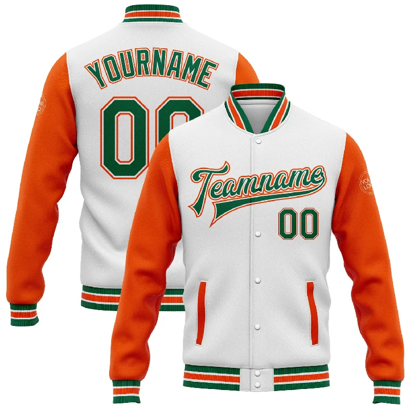 Chic And Casual Unisex Fashion Trends Flash Sale Fever Custom White Kelly Green-Orange Bomber Full-Snap Varsity Letterman Two Tone Jacket