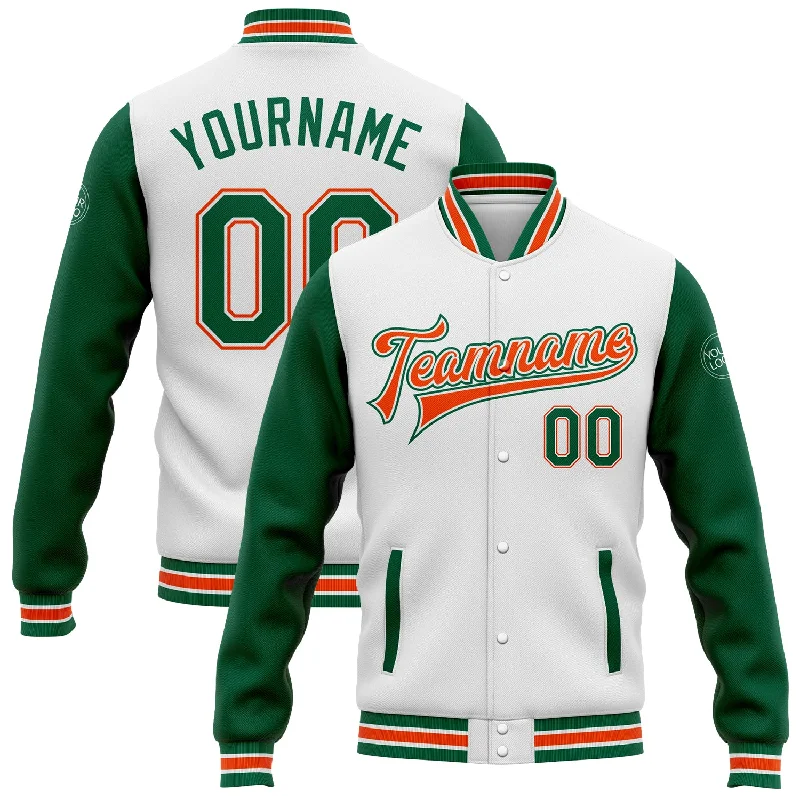 Fashion-Forward Gender-Neutral Outerwear Exclusive Deals Online Custom White Kelly Green-Orange Bomber Full-Snap Varsity Letterman Two Tone Jacket