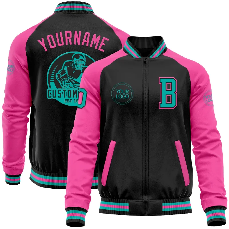 Modern Unisex Clothing For Any Occasion Season Sale Custom Black Aqua-Pink Bomber Varsity Letterman Two Tone Zipper Jacket