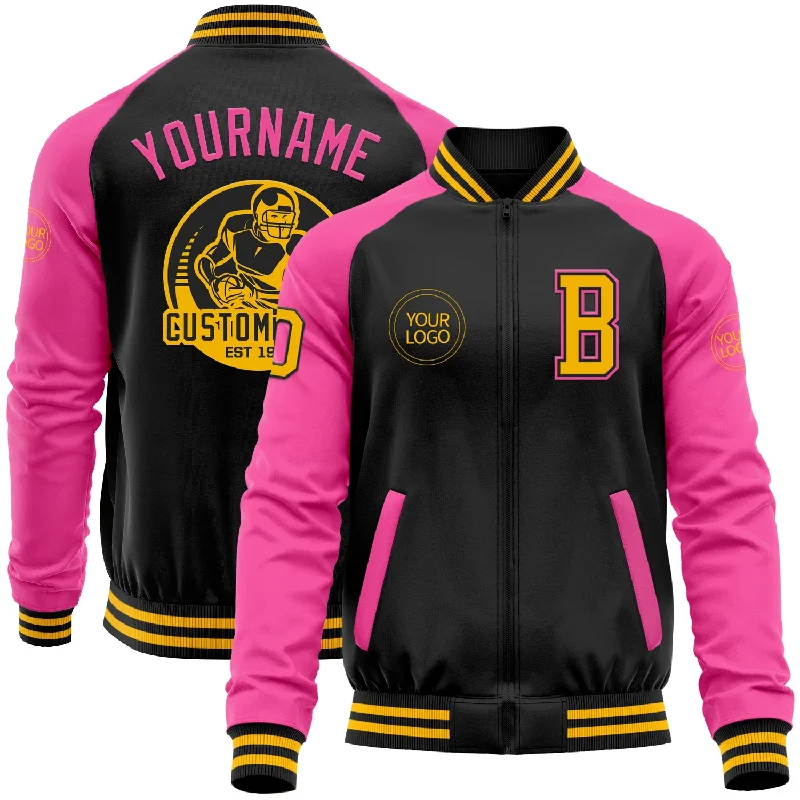 Fashion-Forward Gender-Neutral Outerwear Elegant Fashion Offers Custom Black Gold-Pink Bomber Varsity Letterman Two Tone Zipper Jacket